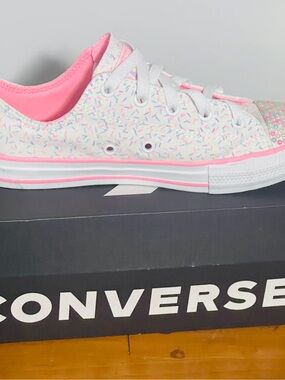 Converse Kids White Sneakers with Pink Trim and Pastel Sprinkle Print